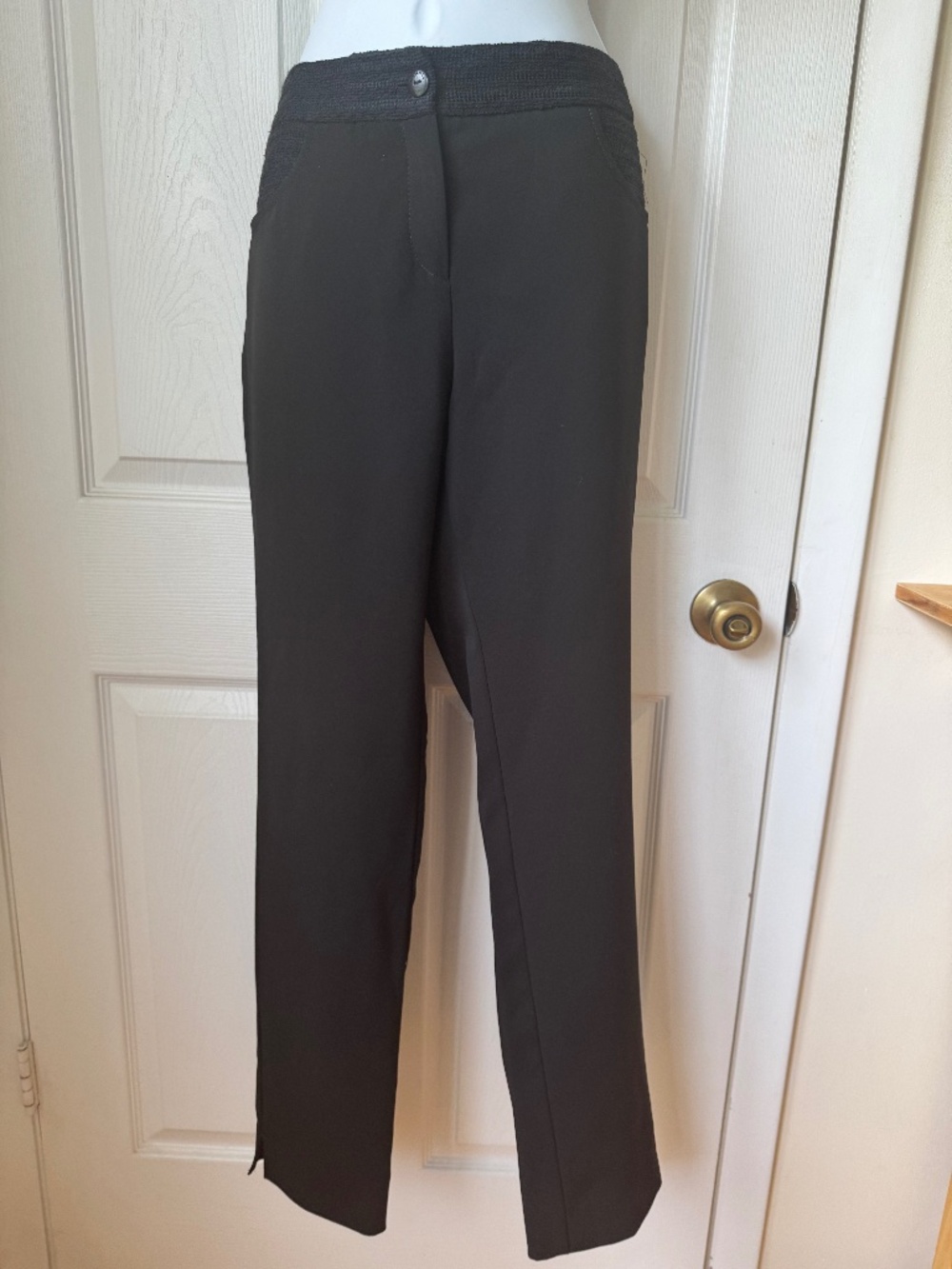 CHANEL Uniform Black Knit Waist Pants Women's Size 44 Straight Slit Leg